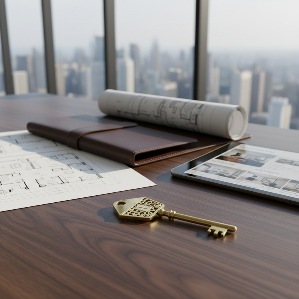 A polished brass key with an elegant, engraved house-shaped head resting on a dark walnut desk beside a slim, open leather portfolio displaying floor plans and a tablet showing a modern apartment listing. The scene is set in a bright, contemporary office with glass walls and a blurred city skyline beyond. Soft afternoon natural light filters through large windows, creating subtle reflections on the key and gentle shadows along the wood grain. Photographic realism, eye-level composition with a shallow depth of field keeps the key and documents in crisp focus while the background softly fades, conveying a professional, trustworthy, and sophisticated real estate advisory atmosphere.