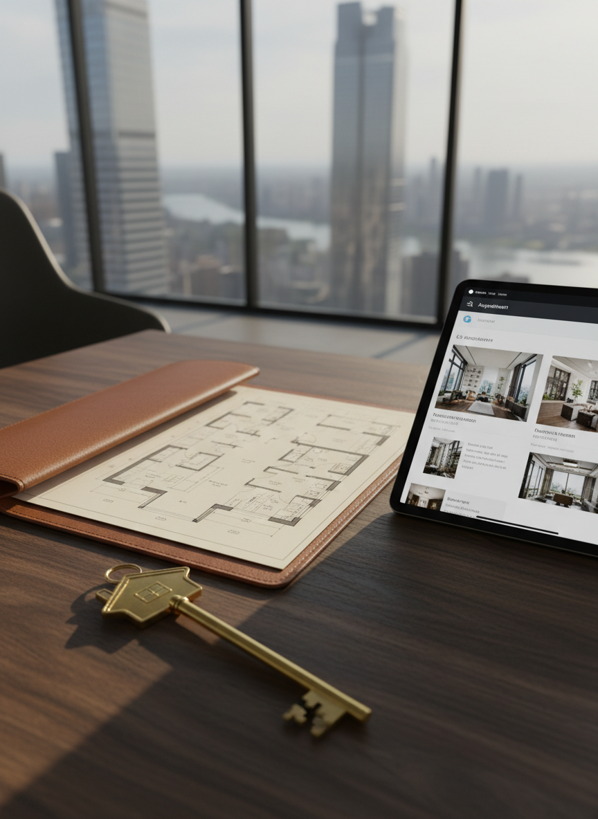 A polished brass key with an elegant, engraved house-shaped head resting on a dark walnut desk beside a slim, open leather portfolio displaying floor plans and a tablet showing a modern apartment listing. The scene is set in a bright, contemporary office with glass walls and a blurred city skyline beyond. Soft afternoon natural light filters through large windows, creating subtle reflections on the key and gentle shadows along the wood grain. Photographic realism, eye-level composition with a shallow depth of field keeps the key and documents in crisp focus while the background softly fades, conveying a professional, trustworthy, and sophisticated real estate advisory atmosphere.