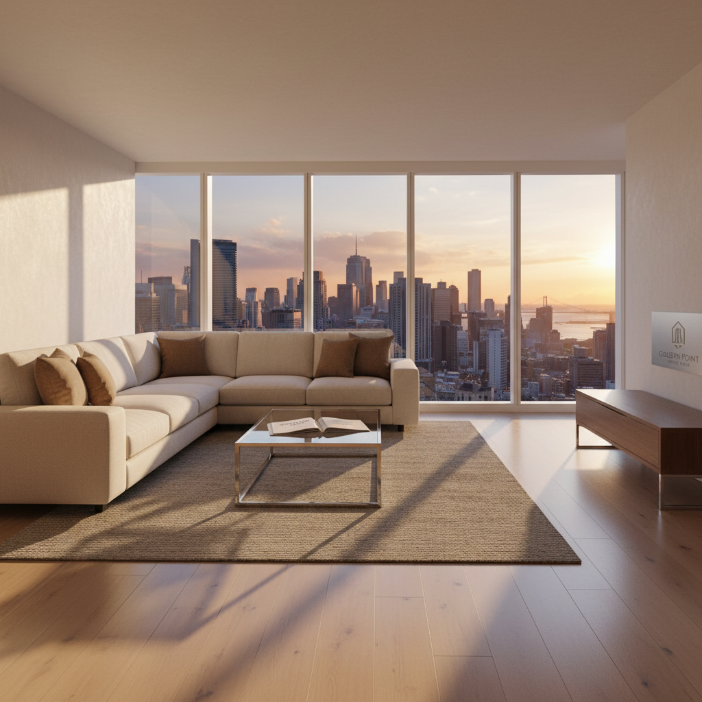 An immaculate, sunlit living room in a high-end urban apartment, featuring large floor-to-ceiling windows framing a panoramic city view. The space includes a neutral-toned sectional sofa, a glass coffee table with a neatly arranged folder labeled “Propiedad en Venta”, and a discreet “Golden Point Realty Group” logo on a metallic plaque atop a low console. Soft golden hour light pours in, casting warm highlights on polished wood flooring and subtle shadows on textured walls. Captured in photographic realism from a wide-angle, slightly elevated perspective, the composition emphasizes spaciousness, clarity, and order, evoking a calm, aspirational mood aligned with professional residential real estate services.
