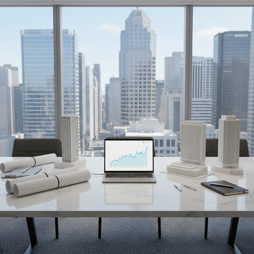 A pristine meeting table in a modern commercial real estate office, featuring neatly stacked architectural blueprints, miniature scale models of office buildings in white matte finish, and a sleek laptop displaying a graph of property values. The table rests on a subtle gray carpet, with floor-to-ceiling windows revealing distant business towers and a clear sky. Diffused daylight fills the space, reflecting softly on the laptop screen and creating gentle, orderly shadows. Photographic realism with a centered, eye-level composition and moderate depth of field keeps all elements legible and sharp. The atmosphere feels analytical, strategic, and organized, illustrating expert advisory services for offices, corporate buildings, and investment properties.