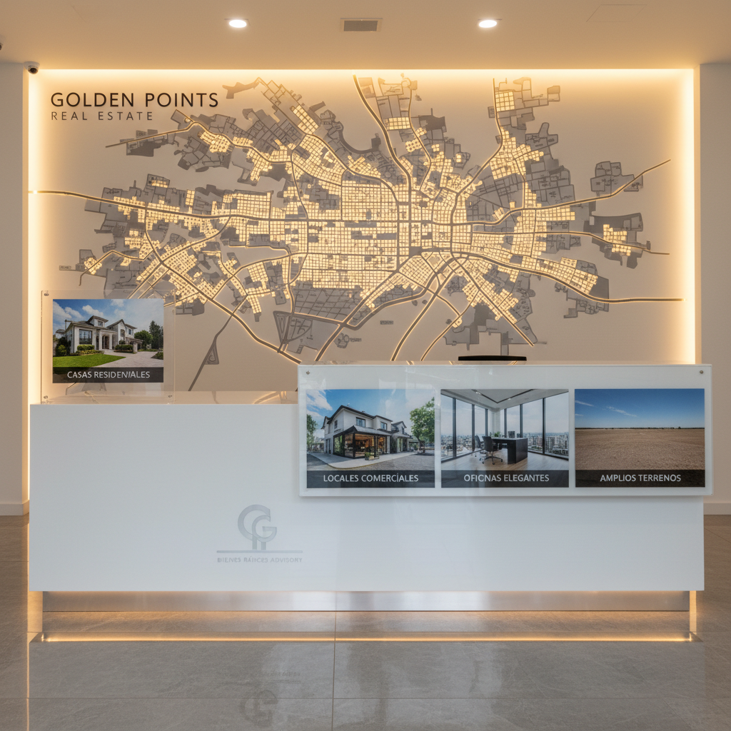 A clean, modern real estate agency reception area with a backlit wall map of the city, each neighborhood subtly illuminated with warm LED points, suggesting “Golden Points” of opportunity. A minimalist white reception counter holds a crystal-clear acrylic stand showcasing select property photos: casas residenciales, locales comerciales, oficinas elegantes, and amplios terrenos. The floor is polished stone, reflecting the ambient warm overhead lighting and adding depth. Photographic realism, captured from an eye-level, slightly wide-angle view, keeps the reception counter in the foreground and the glowing map in the background. The atmosphere is welcoming, professional, and forward-thinking, perfectly suited for a high-end, bilingual bienes raíces advisory firm.