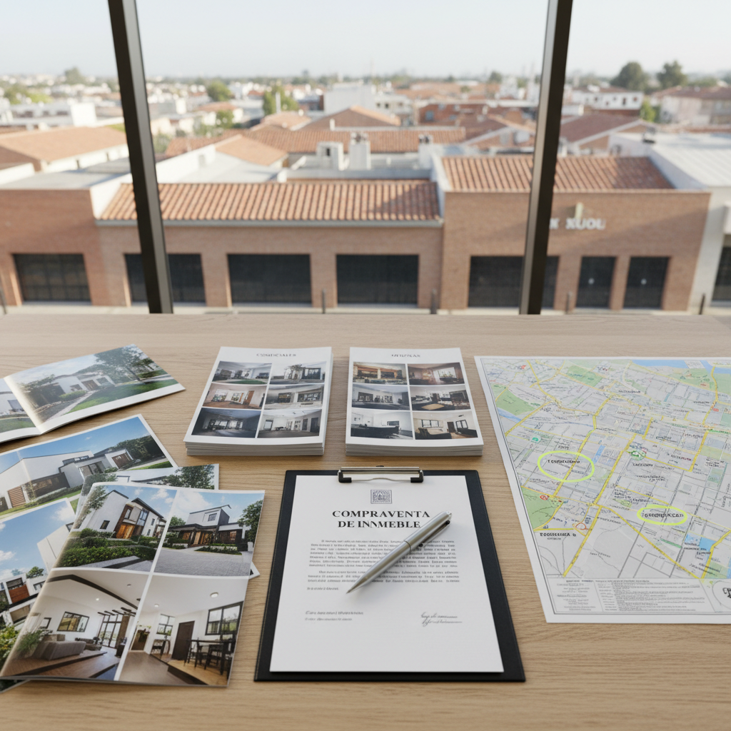 A carefully prepared real estate dossier laid out on a light oak table: glossy brochures of residential homes, printed listings for local comerciales and oficinas, and a detailed map with highlighted zones for terrenos and developments. A refined metal pen lies diagonally across a contract labeled “Compraventa de Inmueble”. In the background, a large window reveals a mix of residential rooftops and commercial facades under a clear late-morning sky. Soft, even natural light illuminates the documents, emphasizing crisp edges and vibrant printing. Photographic realism, shot from a top-down, bird’s-eye view with sharp focus across the frame, creates an organized, methodical mood that underscores comprehensive, multi-segment real estate advisory expertise.