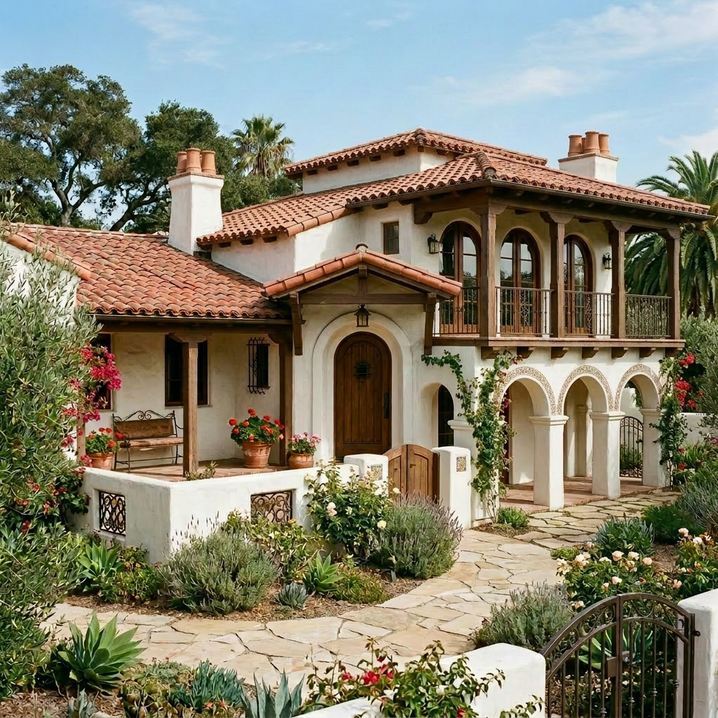 Mediterranean-style villa with garden Mediterranean-style house with terracotta roof, arches, wooden doors, and lush garden path